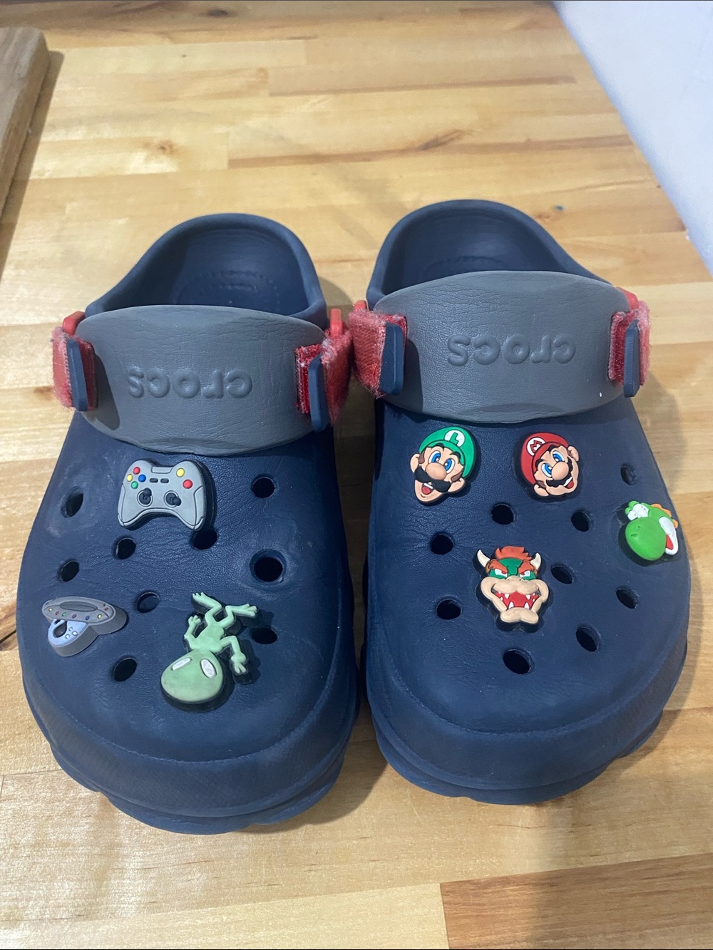 CROCS Kids Navy Clog with Gray Strap and Red Accents, Super Mario Charms